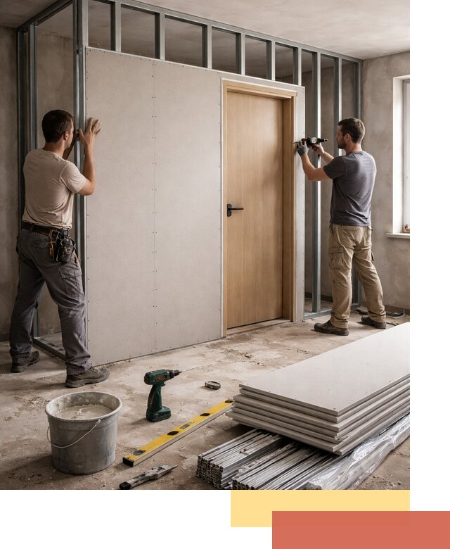 Перегородка из гипсокартона с дверью под ключ в Электростали