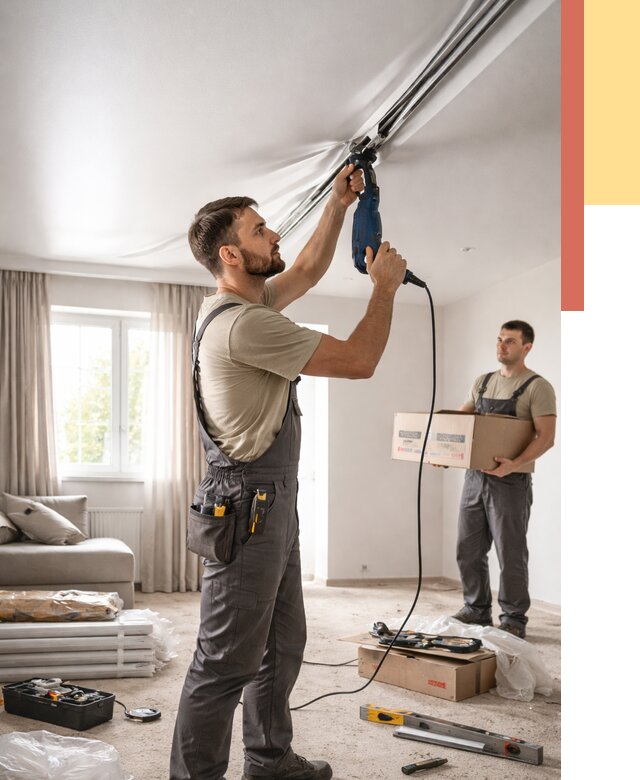 Монтаж сатинового натяжного потолка в Электростали от 3546 руб. | Быстро, недорого — ОТДЕЛОЧНИК-Элк