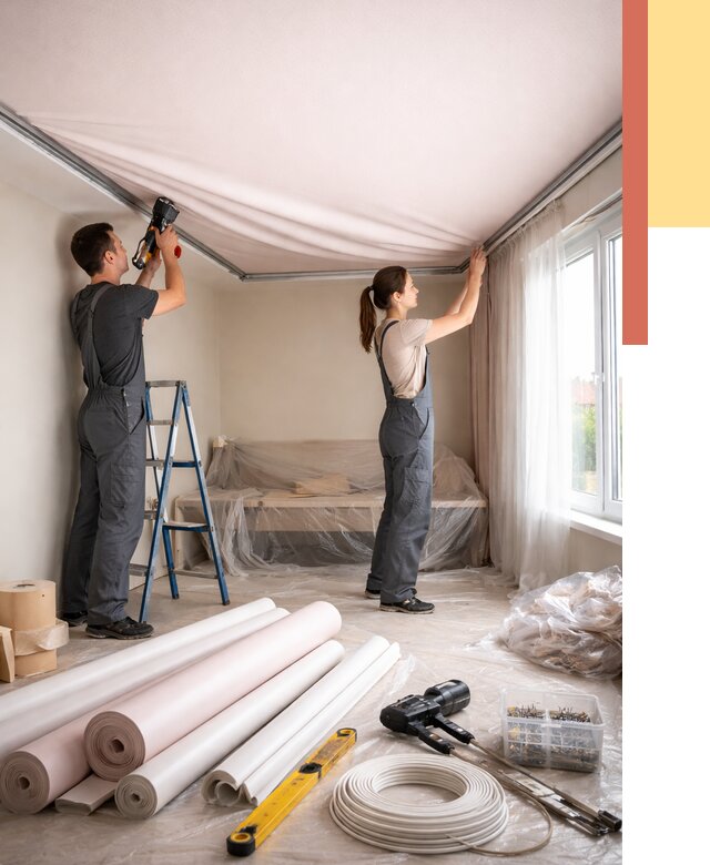 Монтаж цветного натяжного потолка в Электростали от 4255 руб/м² — быстро и недорого | ОТДЕЛОЧНИК-Элк