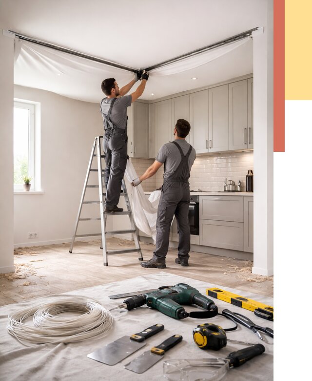 Установка натяжного потолка на кухне в Электростали от 2431 руб. | ОТДЕЛОЧНИК-Элк